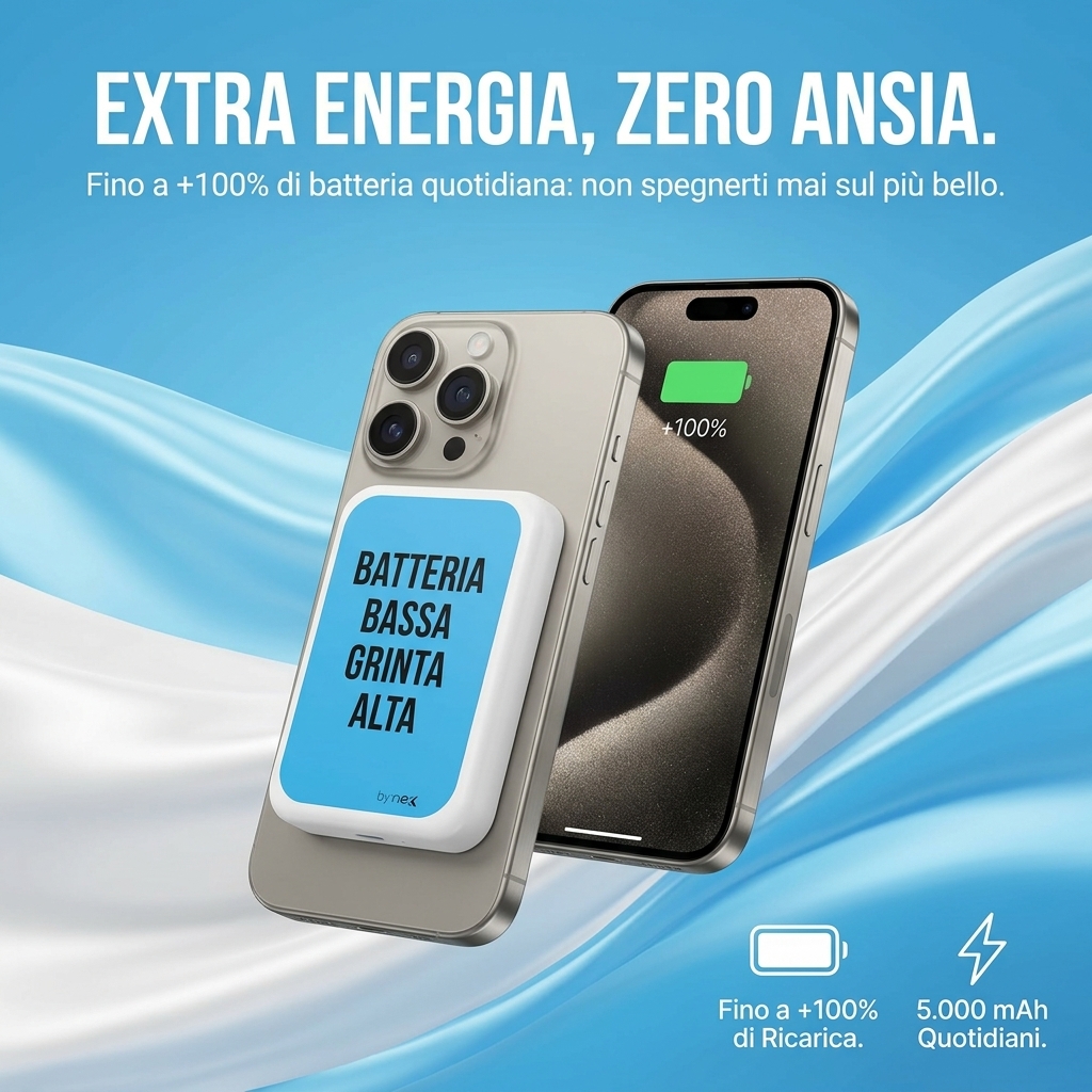 Smartphone ricaricato al 100% con il power bank agganciato