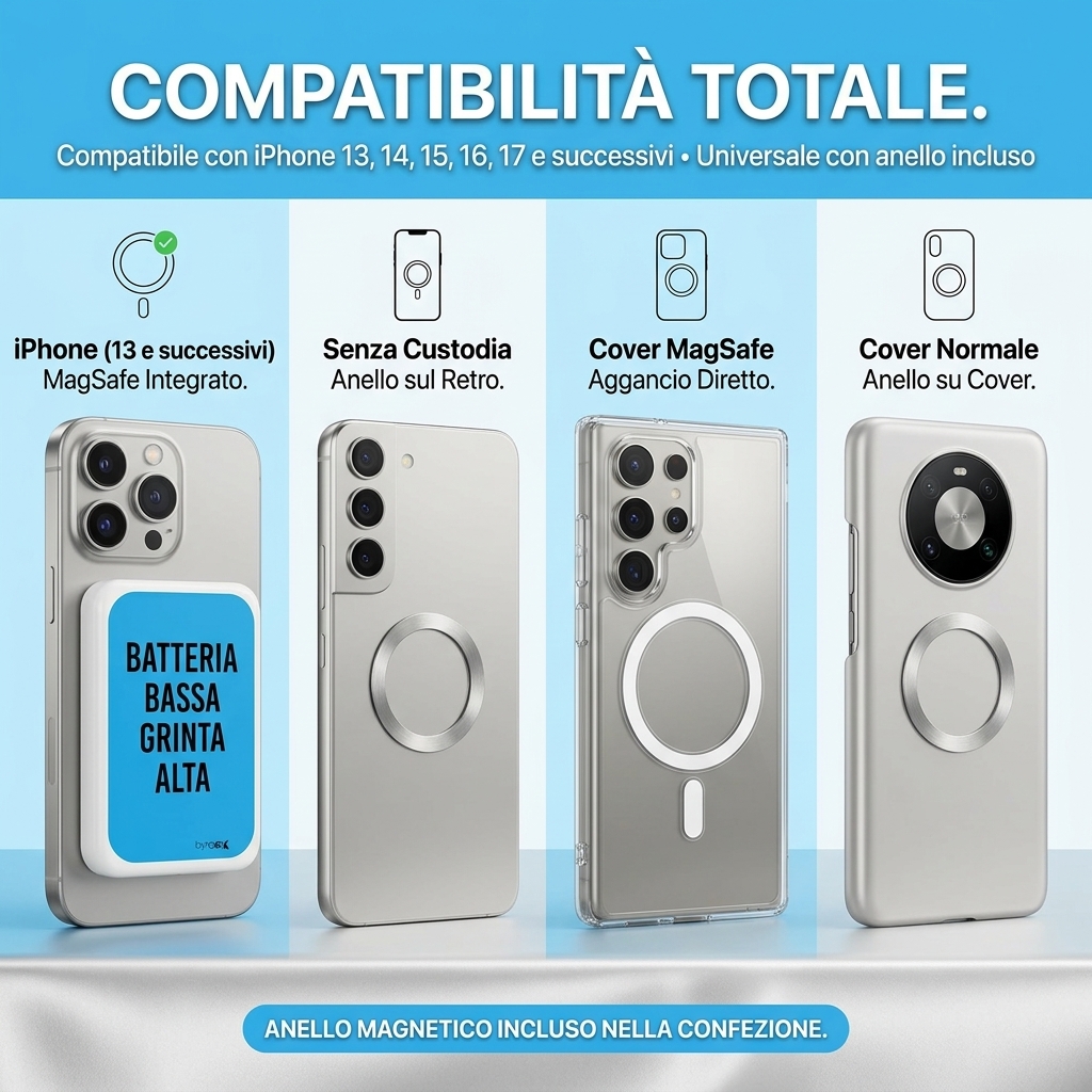Power bank compatibile con iPhone MagSafe, custodia, anello adesivo incluso