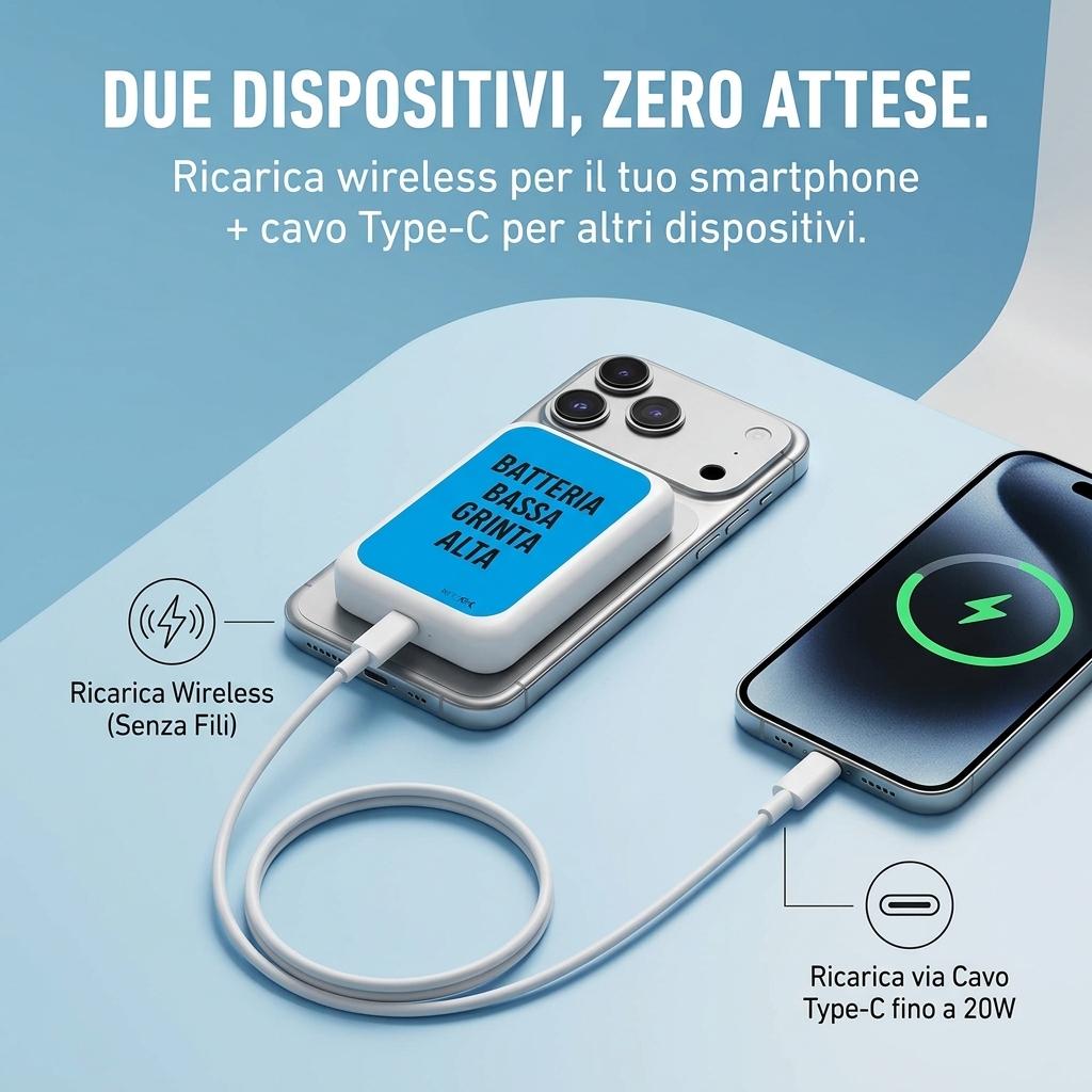 Power bank che ricarica uno smartphone in wireless e un secondo dispositivo via cavo