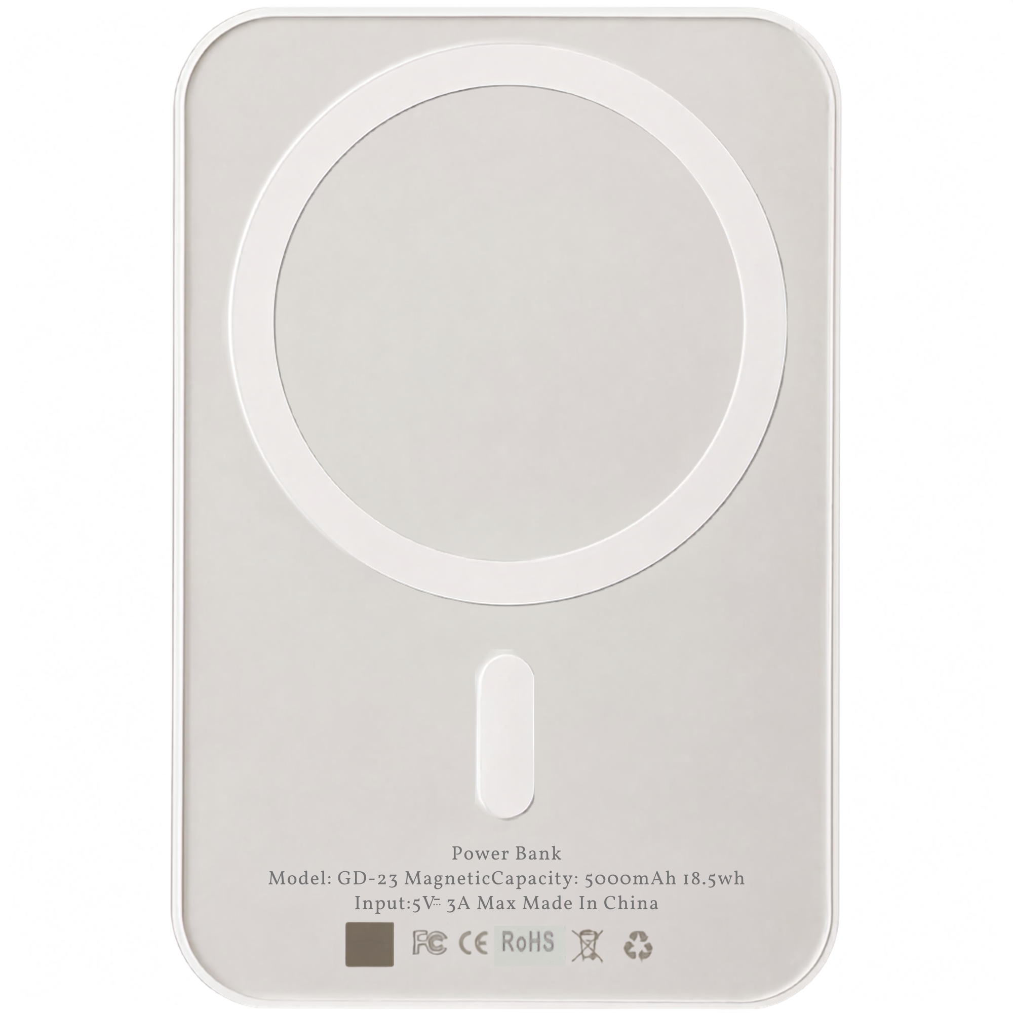 Retro del power bank con anello magnetico e marchi CE, RoHS, FCC e RAEE